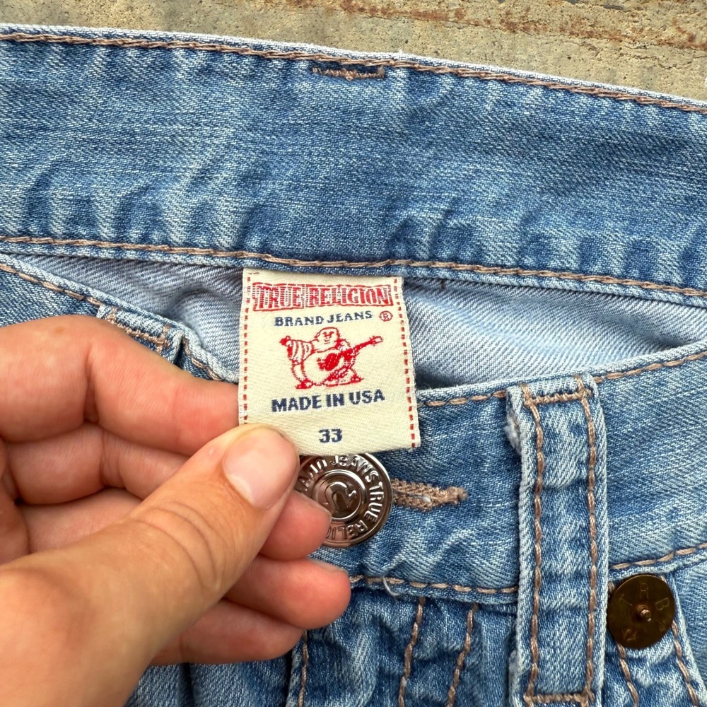 True Religion Ricky Big T Mens 35 Light Wash Distressed Straight Leg Jeans USA - Picture 5 of 8